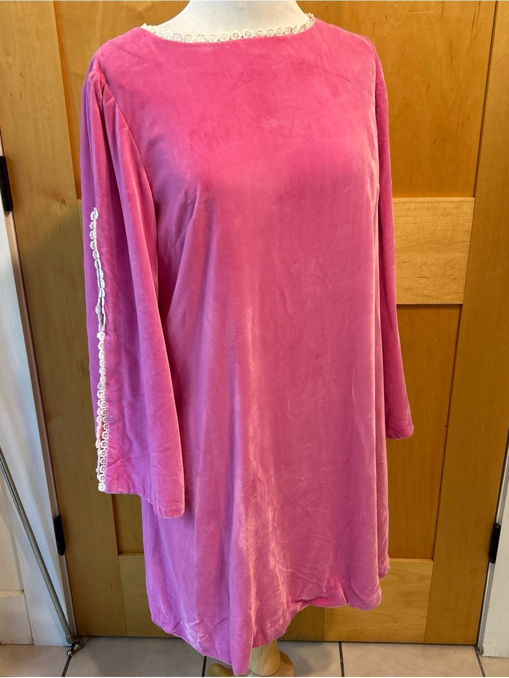 Vintage 1960s Pink Velvet Shift Dress with Lace Trim